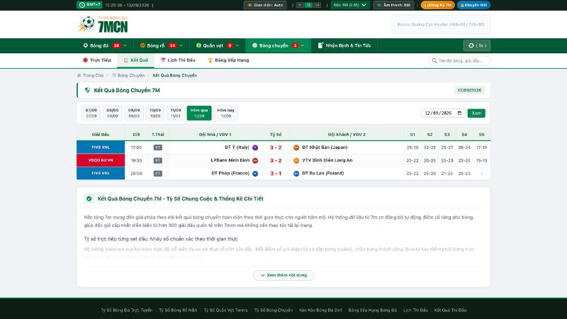 Giao diện bảng tỷ số livescore cập nhật kết quả bóng chuyền trực tuyến theo từng set tại 7m cn
