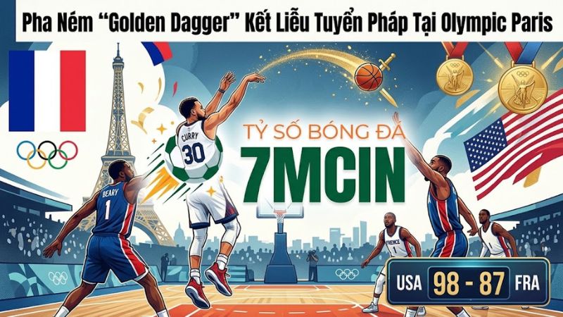 Stephen Curry thực hiện cú ném 3 điểm quyết định từ xa trước hàng thủ tuyển Pháp tại chung kết Olympic Paris
