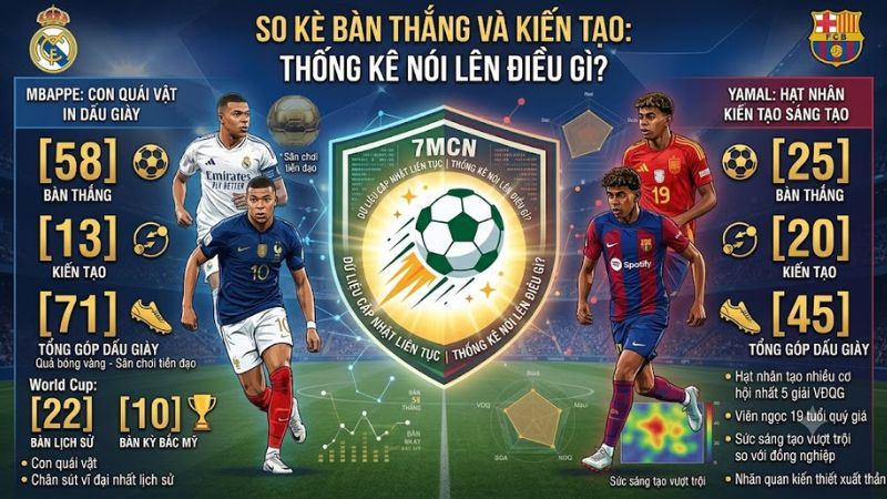 Thống kê bàn thắng và kiến tạo của Yamal và Mbappe mùa giải 2025 2026