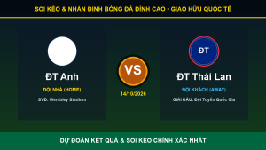 Dự đoán kết quả trận ĐT Anh và ĐT Thái Lan ngày 14/10/2026